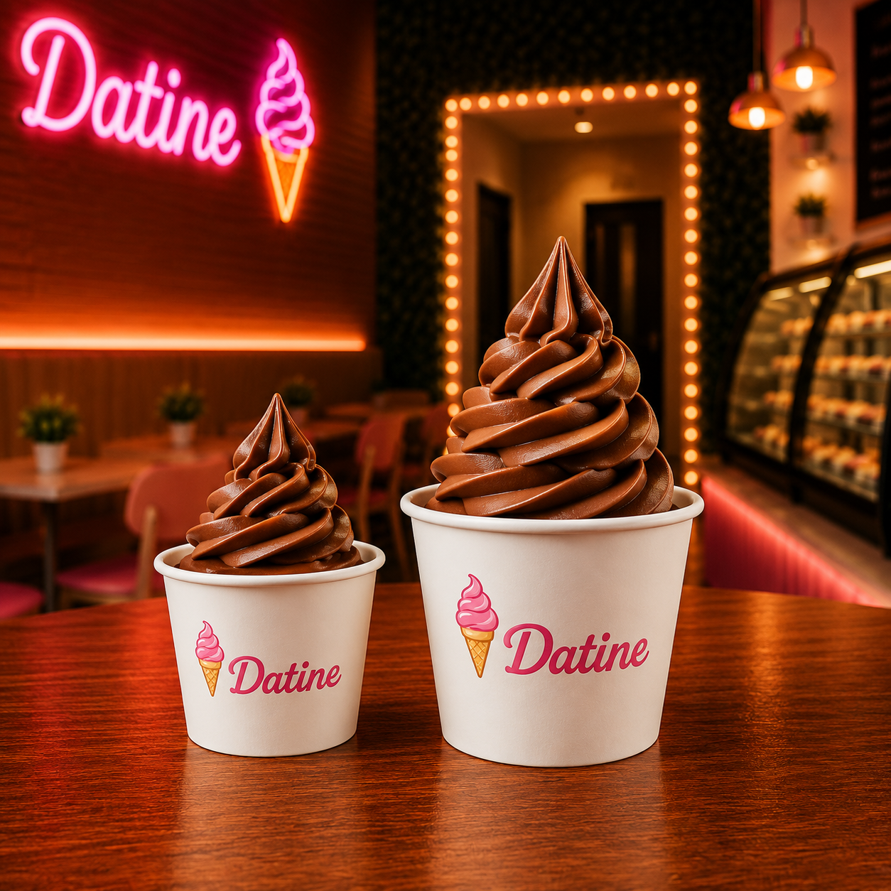 Dois copos de sorvete de chocolate da Datine Sorvetes sobre a mesa da loja